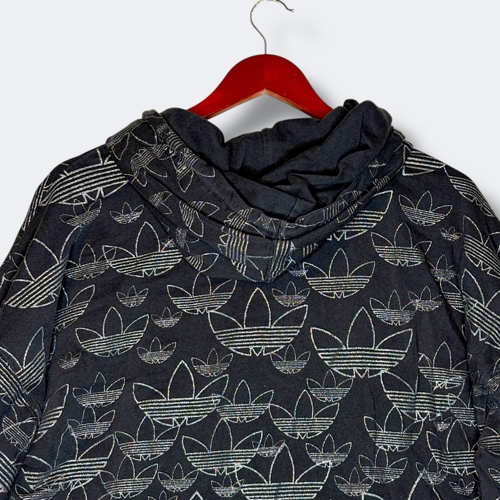 Adidas Womens Trefoil Monogram Glitter Hoodie L Black Neon Yellow Streetwear - Picture 3 of 8